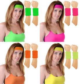 1980’s Neon Toweling Wristband Headband Neon UV party Fancy Dress Accessory Set