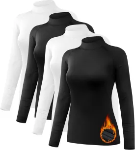 4 Pack Women's Thermal Shirts Fleece Lined Mock Turtle Neck Tops Compression Long Sleeve Athletic Base Layer