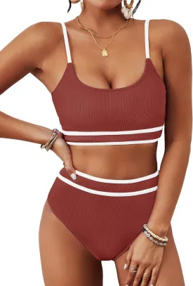 BMJL Women's High Waisted Bikini Ribbed Two Piece Swimsuit High Cut Color Block Adjustable Straps Bathing Suit