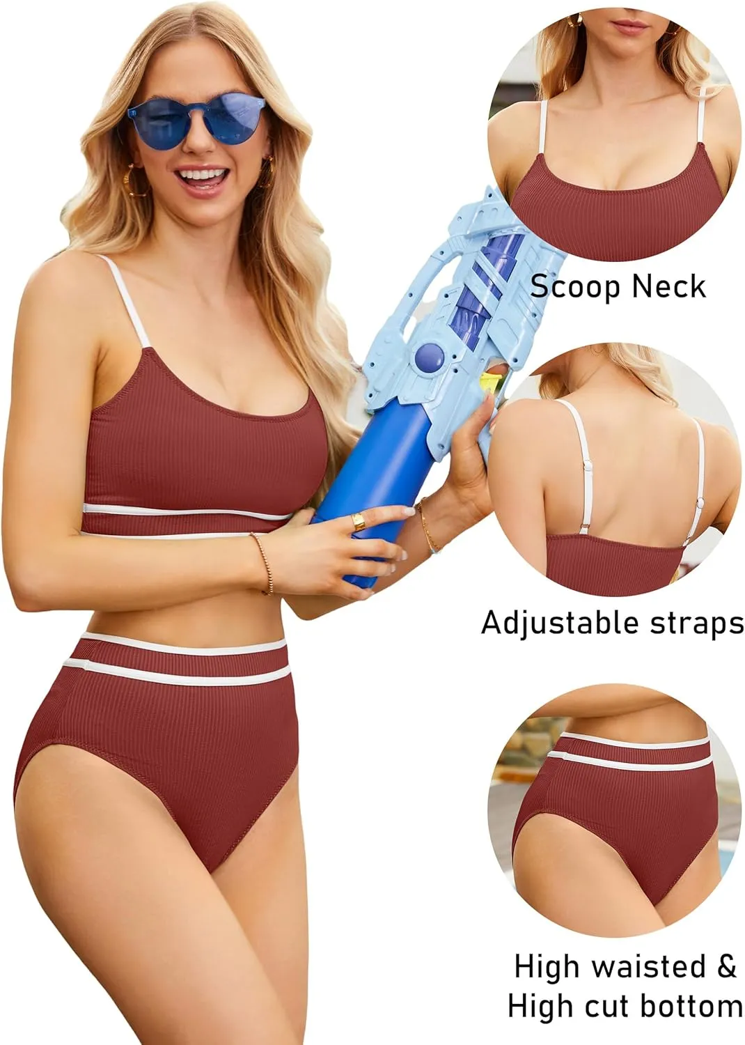 BMJL Women's High Waisted Bikini Ribbed Two Piece Swimsuit High Cut Color Block Adjustable Straps Bathing Suit