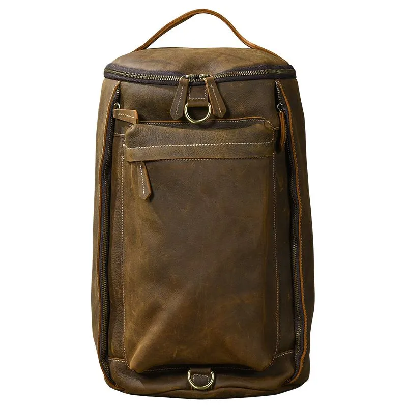 Brown Leather Mens 15" Laptop Bucket Hiking Backpack Travel Backpack Barrel Backpack for Men