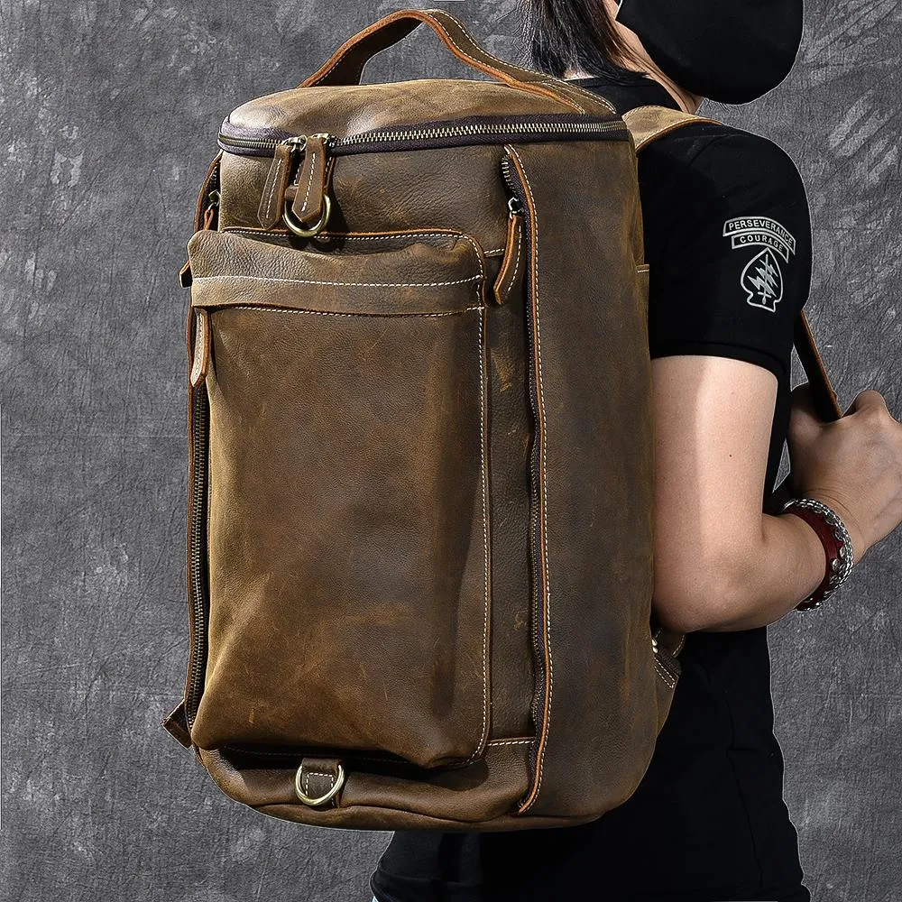 Brown Leather Mens 15" Laptop Bucket Hiking Backpack Travel Backpack Barrel Backpack for Men