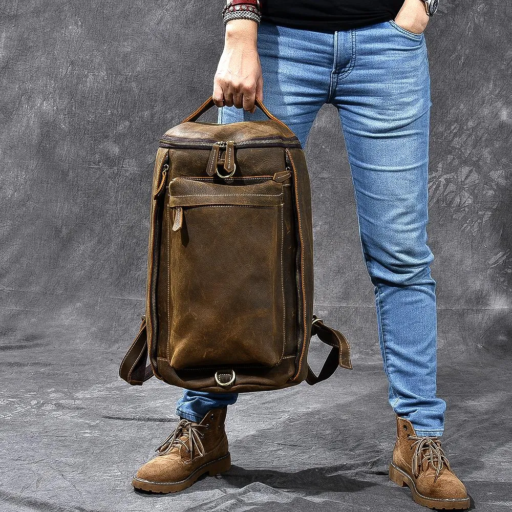 Brown Leather Mens 15" Laptop Bucket Hiking Backpack Travel Backpack Barrel Backpack for Men