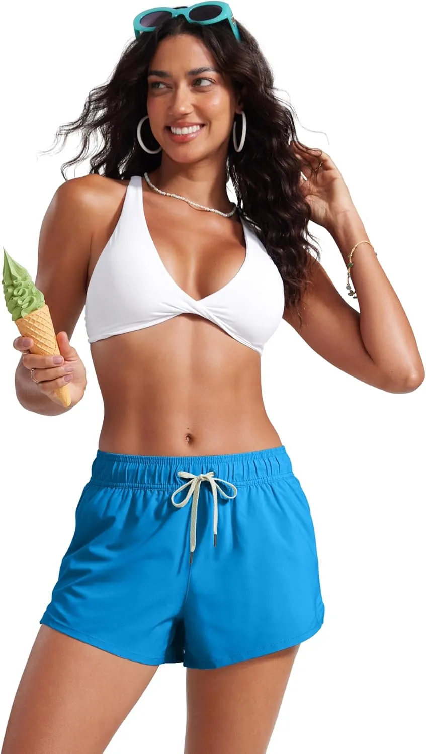 CRZ YOGA Womens 3" Mid Waisted Swim Board Shorts Side Splits Swimming Bottoms Quick Dry Beach Swimsuit with Liner Pockets