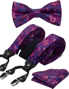 GUSLESON Adjustable Plaid Floral 6 Clips Y Shape Suspenders Pre-tied Bow Tie and Pocket Square Set with Gift Box