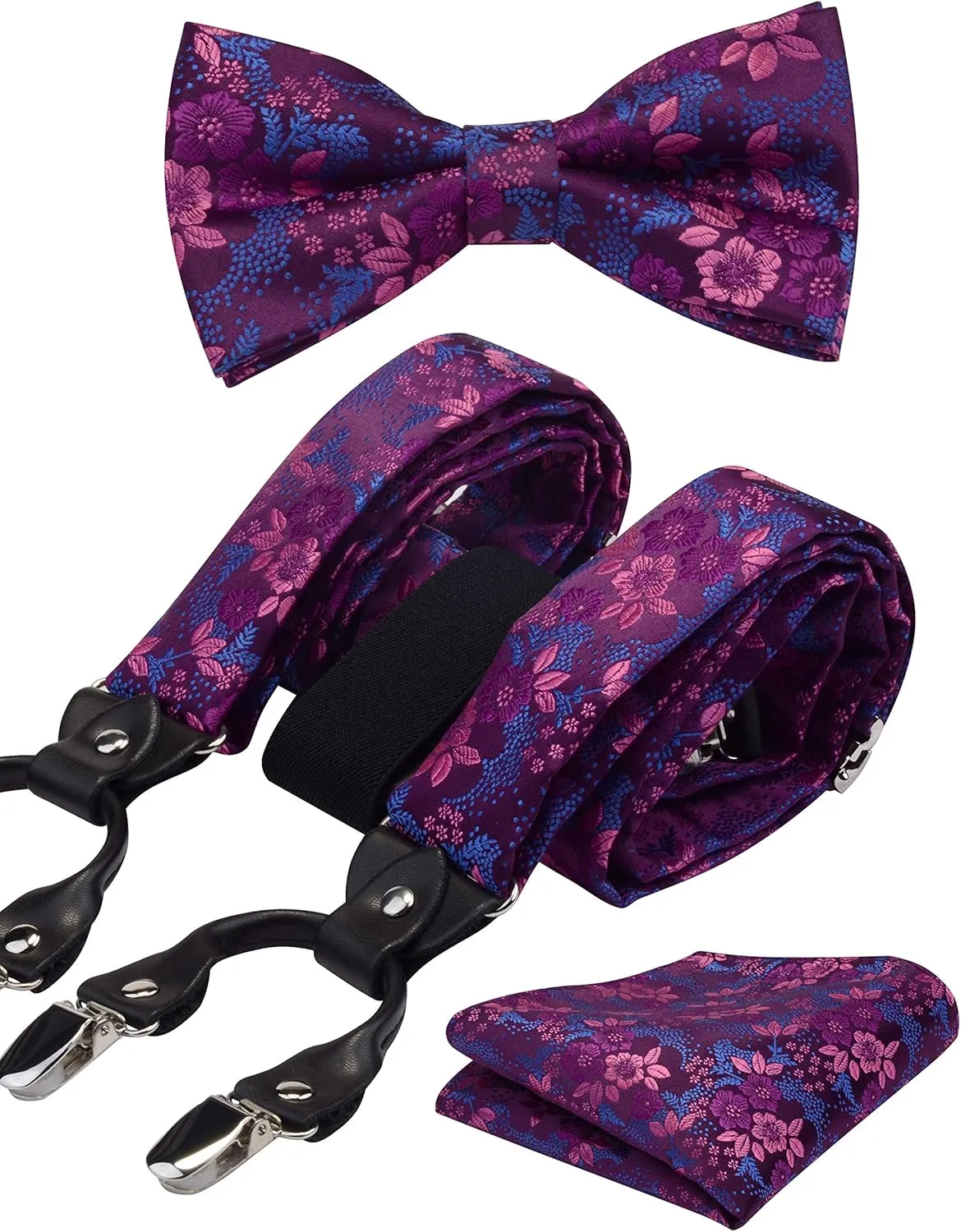 GUSLESON Adjustable Plaid Floral 6 Clips Y Shape Suspenders Pre-tied Bow Tie and Pocket Square Set with Gift Box