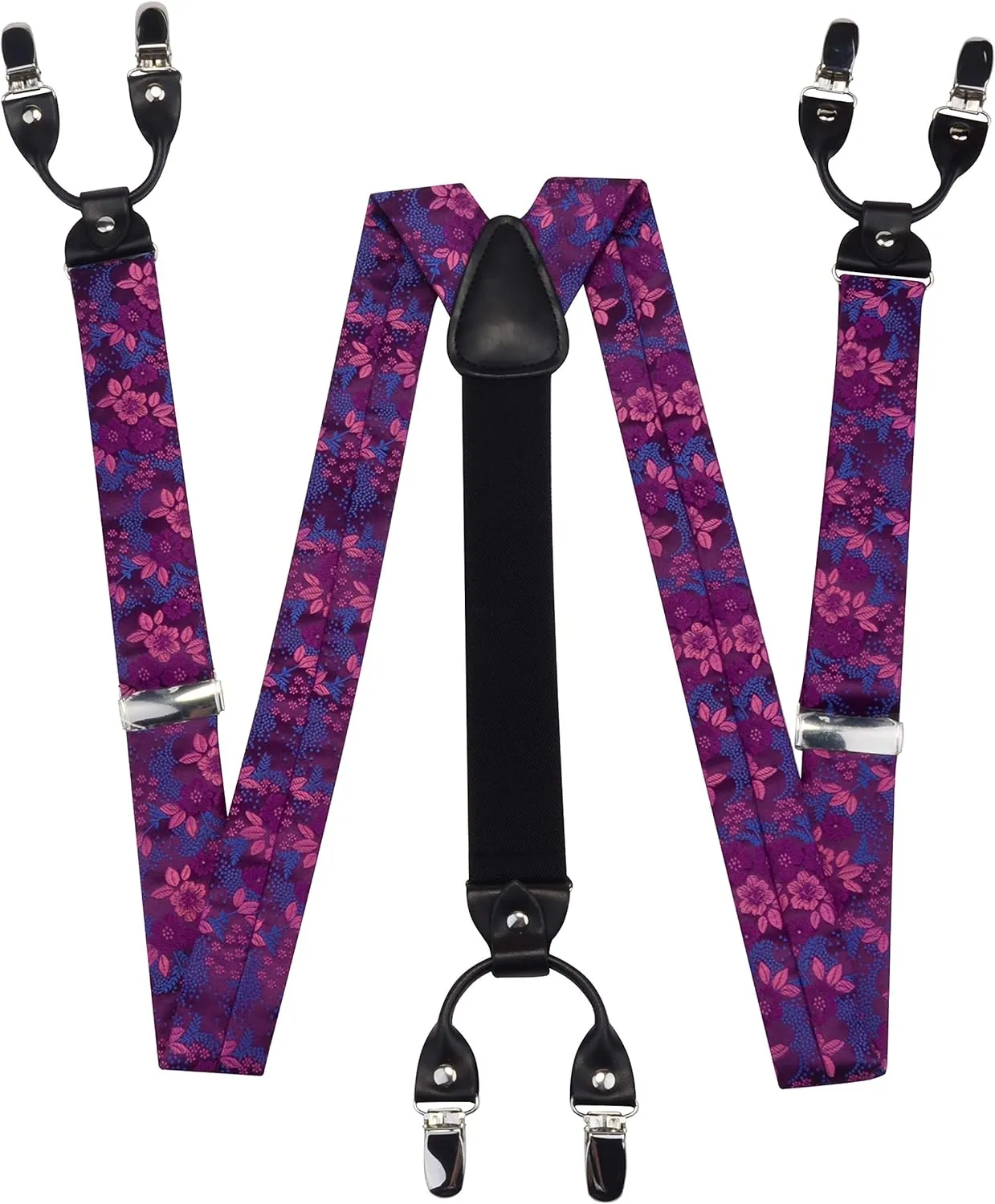 GUSLESON Adjustable Plaid Floral 6 Clips Y Shape Suspenders Pre-tied Bow Tie and Pocket Square Set with Gift Box