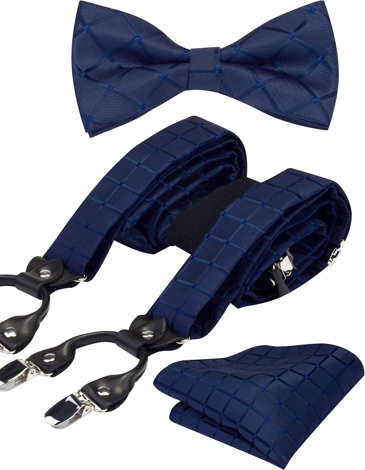 GUSLESON Adjustable Plaid Floral 6 Clips Y Shape Suspenders Pre-tied Bow Tie and Pocket Square Set with Gift Box
