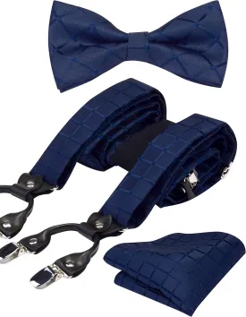 GUSLESON Adjustable Plaid Floral 6 Clips Y Shape Suspenders Pre-tied Bow Tie and Pocket Square Set with Gift Box