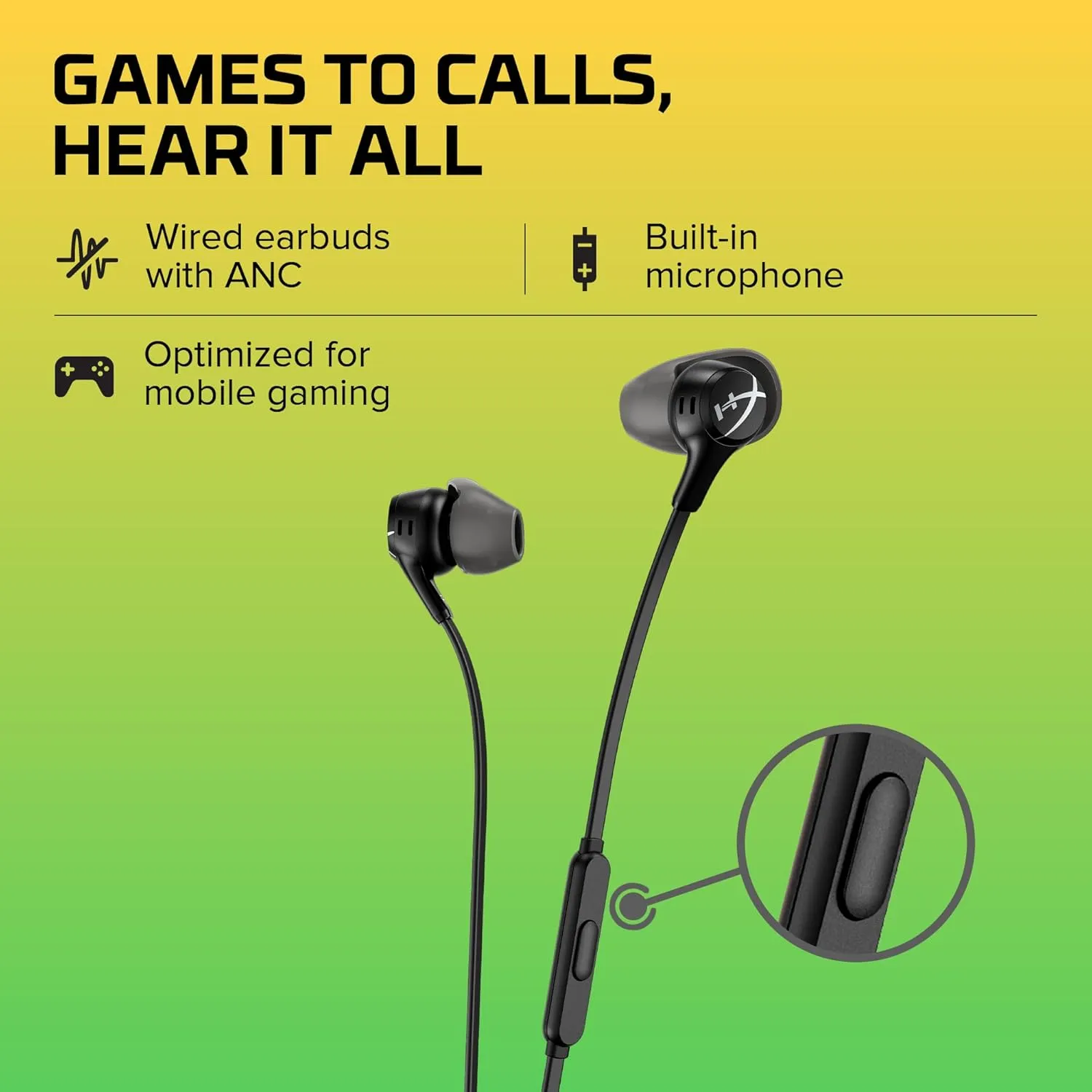 HyperX Cloud Earbuds II  14mm Drivers, Four Eartips, Hard-Shell Carrying Case, Low-Profile 90 Plug, 3.5mm Plug, Built-in Microphone, Multi-Function Button, PC, Mobile, Nintendo Switch  Black