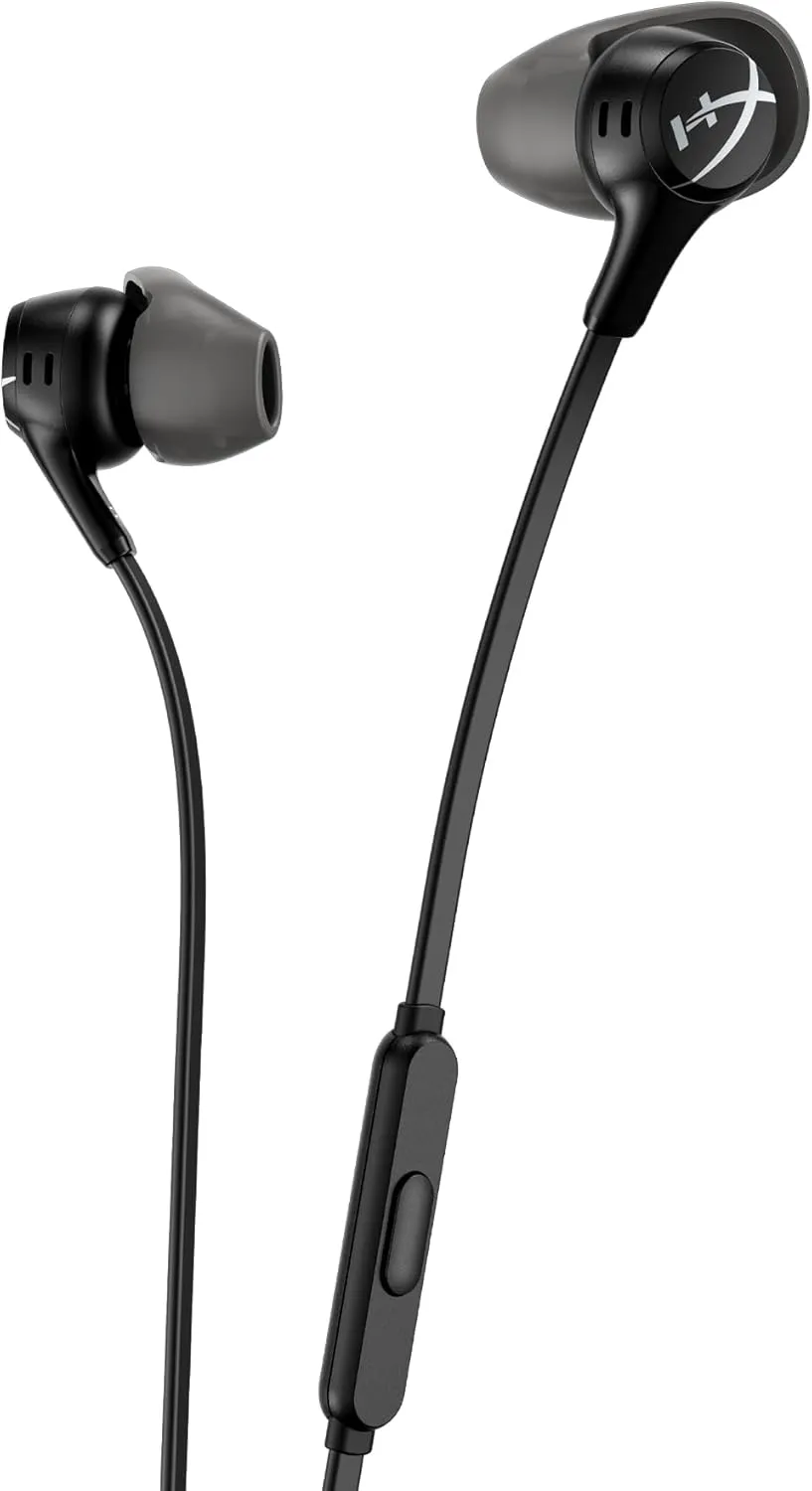 HyperX Cloud Earbuds II  14mm Drivers, Four Eartips, Hard-Shell Carrying Case, Low-Profile 90 Plug, 3.5mm Plug, Built-in Microphone, Multi-Function Button, PC, Mobile, Nintendo Switch  Black