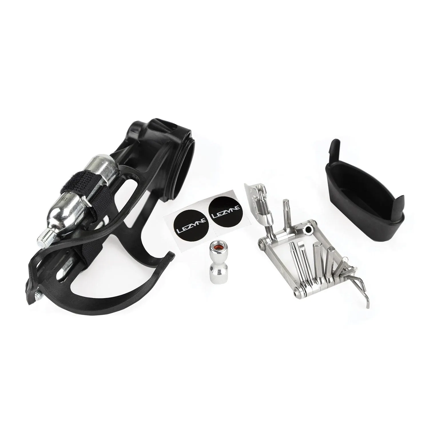 LEZYNE Tubeless Flow Storage Loaded Bicycle Cage Holder, Integrated Storage Container with V Pro Multi-Tool, Tubeless Tire Repair Tool, Tire Seals (1-BC-FLSTL-V404)