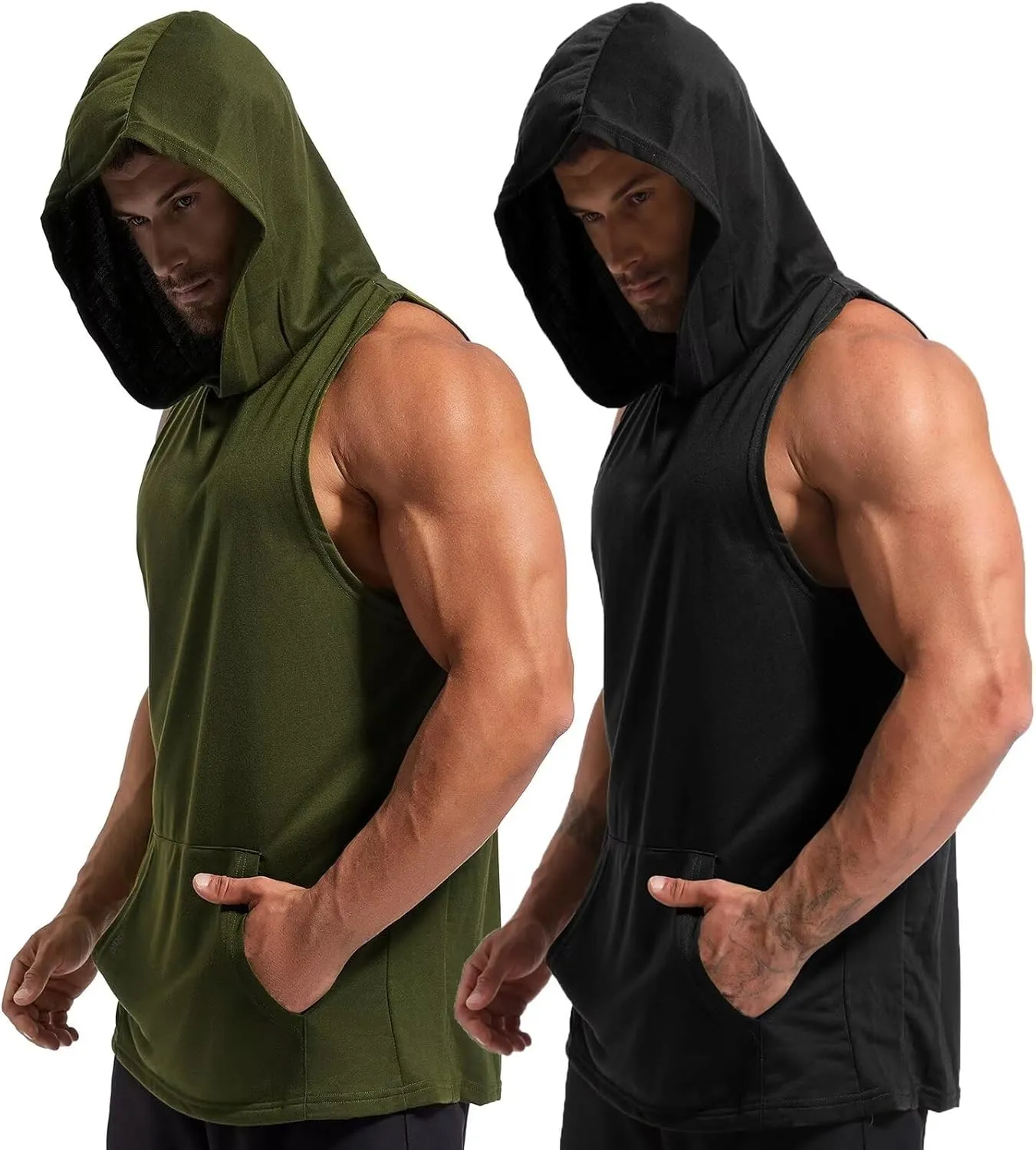 Men's Workout Hooded Tank Tops Gym Sleeveless Hoodies Dry fit Bodybuilding Muscle Cut Off T-Shirt Athletic Vest with Pocket
