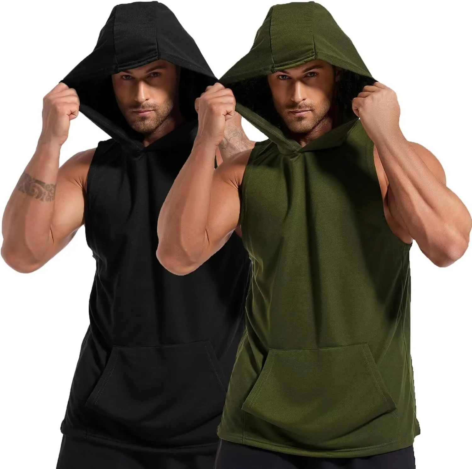 Men's Workout Hooded Tank Tops Gym Sleeveless Hoodies Dry fit Bodybuilding Muscle Cut Off T-Shirt Athletic Vest with Pocket