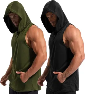 Men's Workout Hooded Tank Tops Gym Sleeveless Hoodies Dry fit Bodybuilding Muscle Cut Off T-Shirt Athletic Vest with Pocket