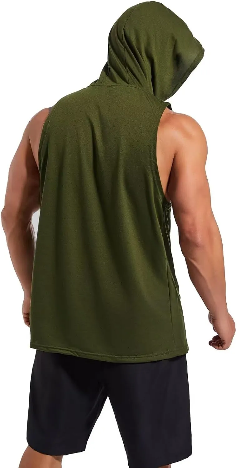 Men's Workout Hooded Tank Tops Gym Sleeveless Hoodies Dry fit Bodybuilding Muscle Cut Off T-Shirt Athletic Vest with Pocket