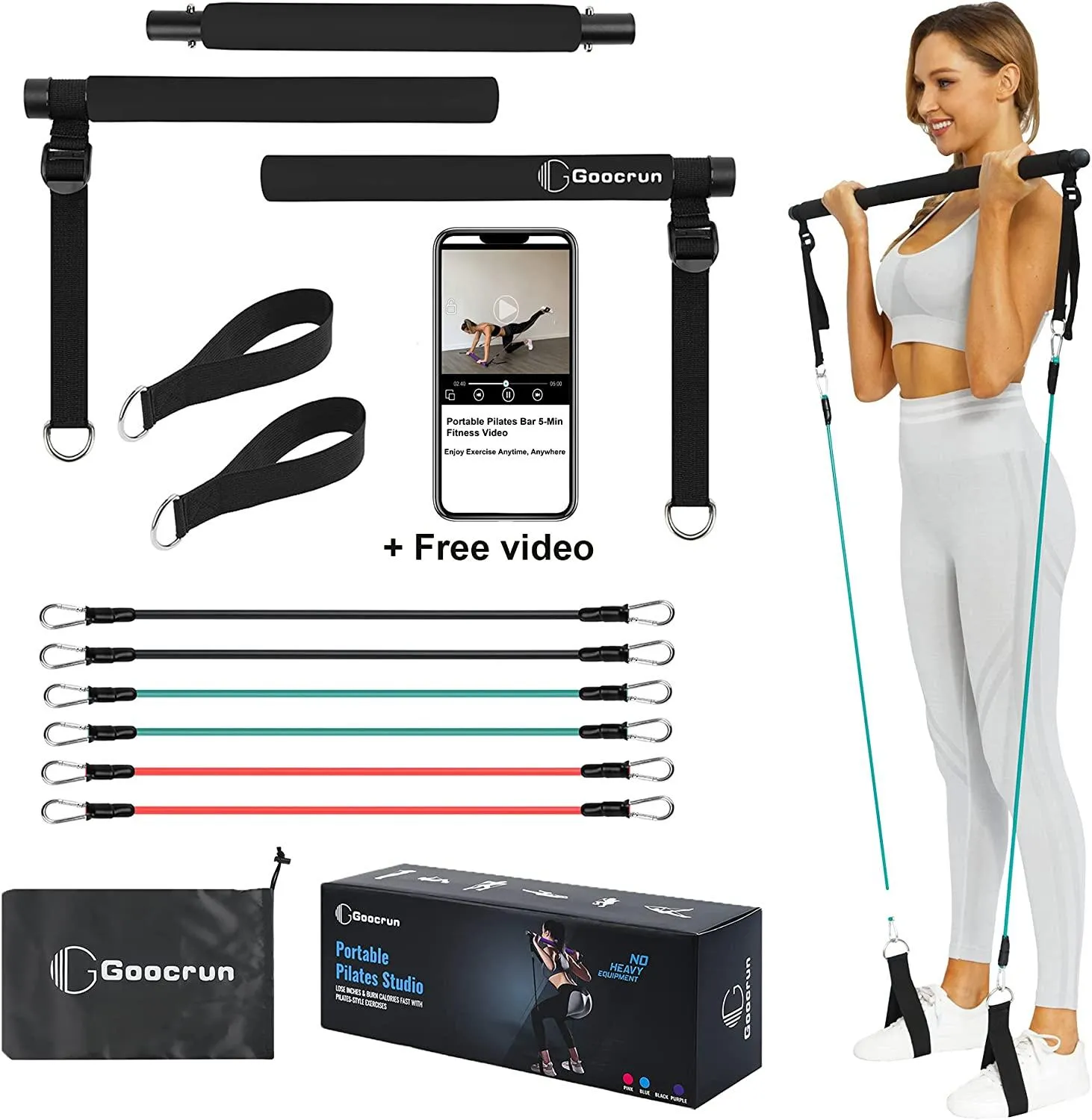 Portable Pilates Bar Kit with Resistance Bands for Men and Women - 6 Exercise Resistance Bands
