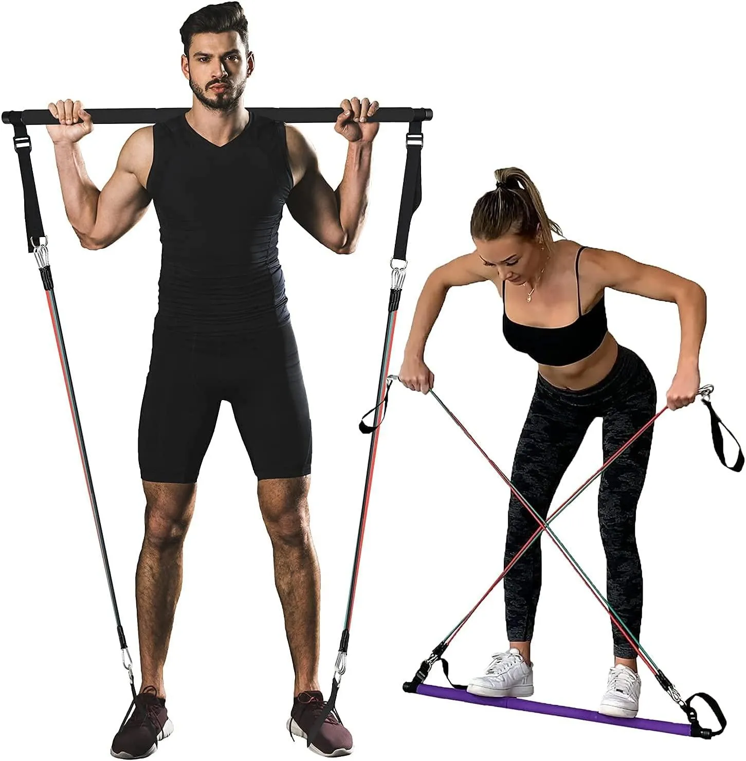Portable Pilates Bar Kit with Resistance Bands for Men and Women - 6 Exercise Resistance Bands