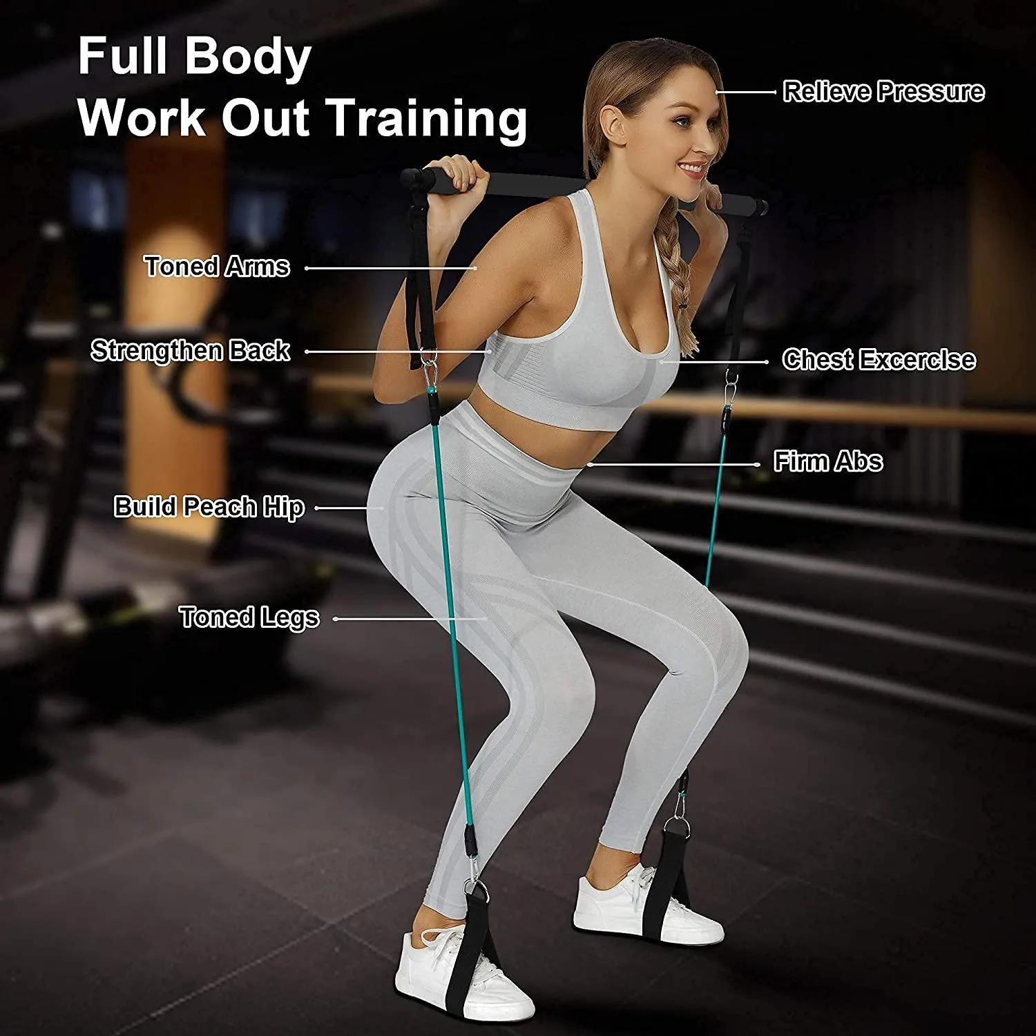 Portable Pilates Bar Kit with Resistance Bands for Men and Women - 6 Exercise Resistance Bands