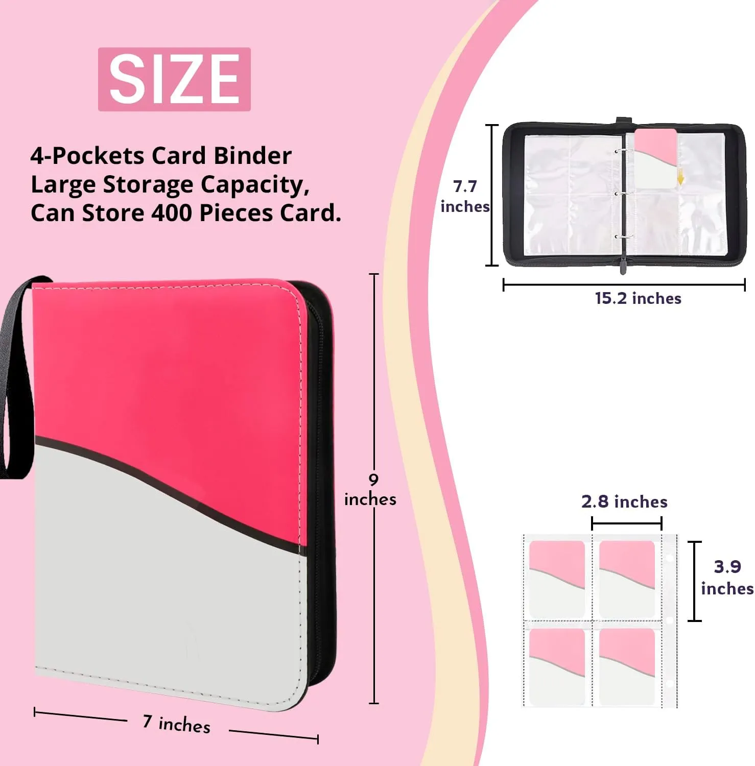Portable Waterproof 4-Pocket Trading Card Holder - Holds 400 Cards, Includes 50 Removable Sheets - Perfect for Yugioh, MTG - Pink