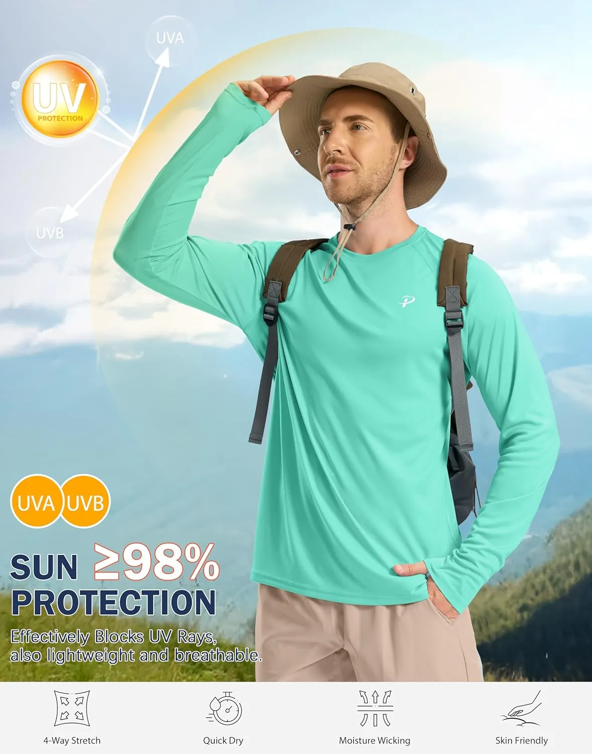 Pudolla Men's Sun Protection Shirts UV SPF UPF 50  Rash Guard Long Sleeve Lightweight Quick Dry Brethable Swimming Fishing