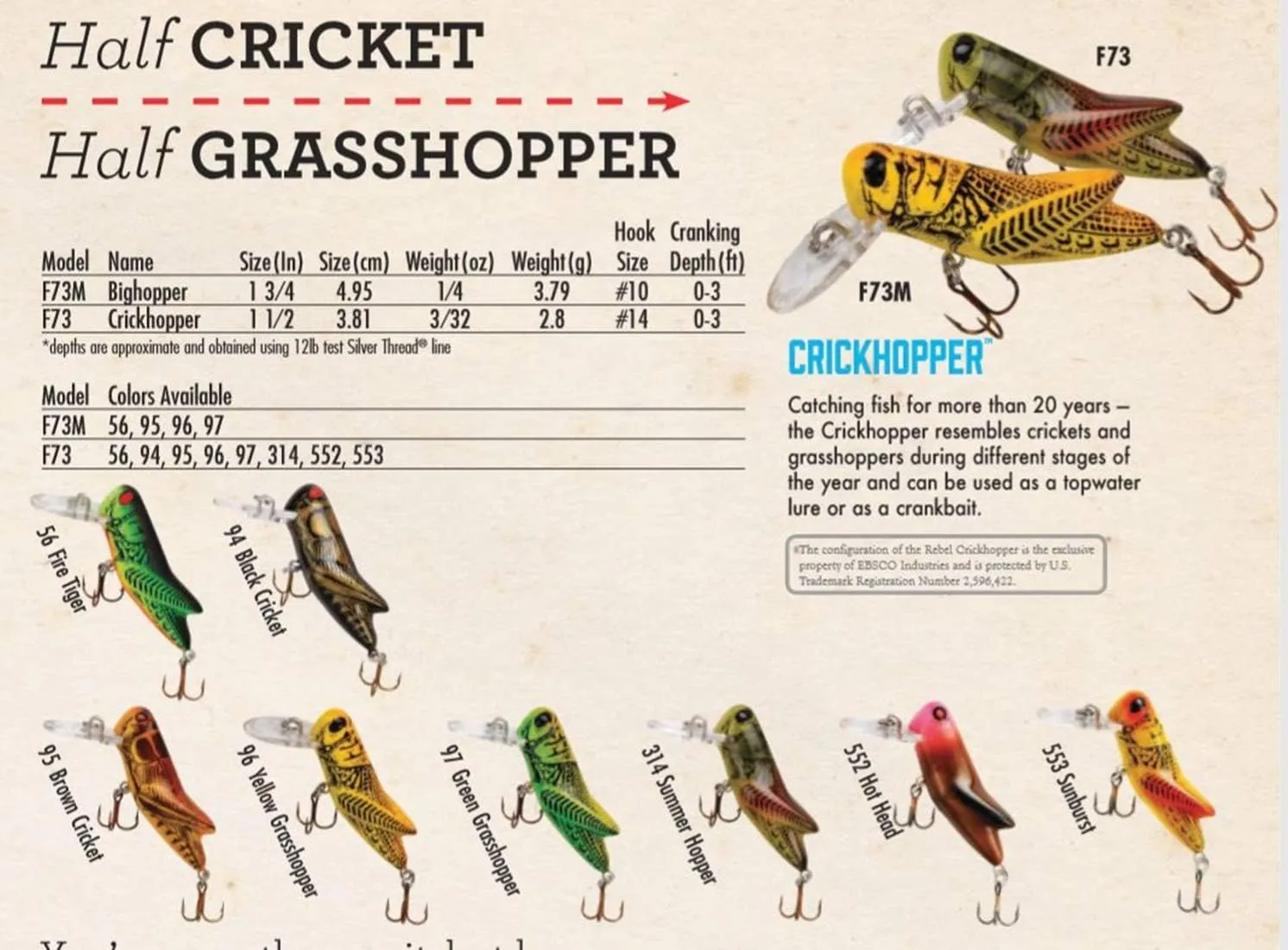 Rebel Lures Crickhopper Cricket/Grasshopper Crankbait Fishing Lure, 1 1/2 Inch, 1/4 Ounce