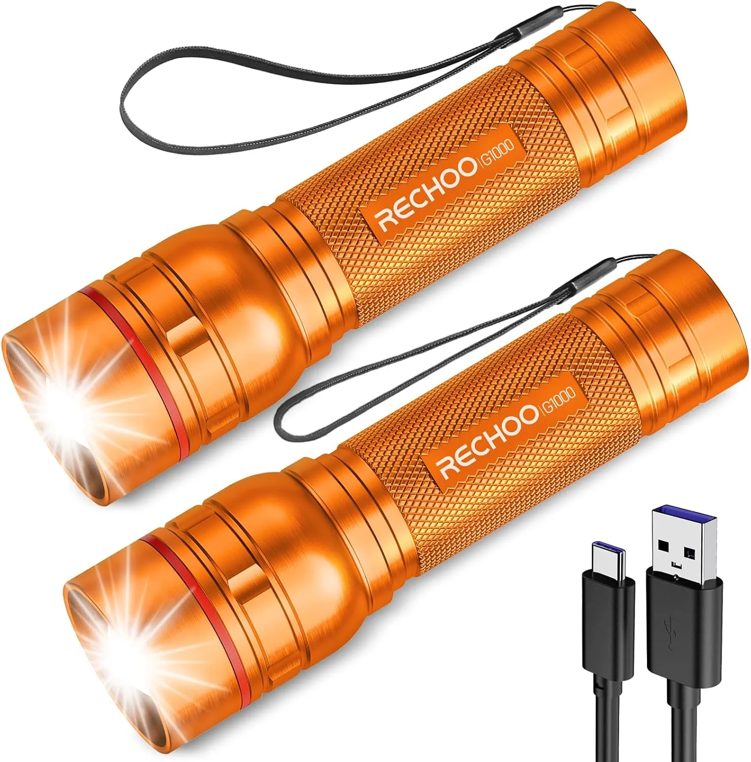 Rechargeable Flashlights High Lumens, G1000 Super Bright Flash Light 2 Pack, Small Zoomable LED Flashlight with 3 Lighting Modes, Portable Flashlight for Camping Essentials (Battery Included)-Orange