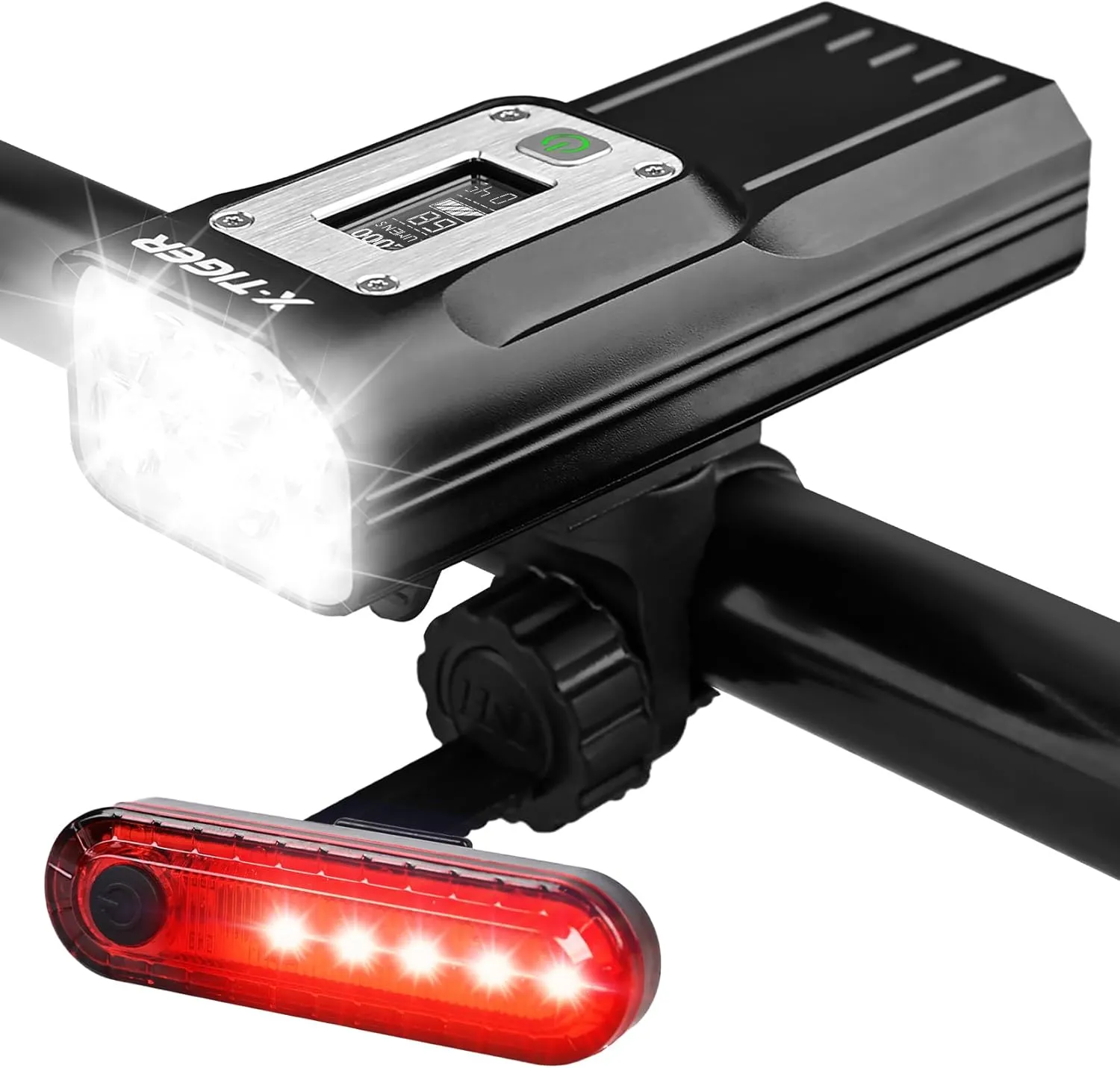 X-TIGER 8 LED Bike Lights Front and Back, Ultra Bright Bike Lights for Night Riding, Bike Headlight with OLED Display, USB-C Rechargeable Multifunctional Bicycle Light with 5 4 Modes